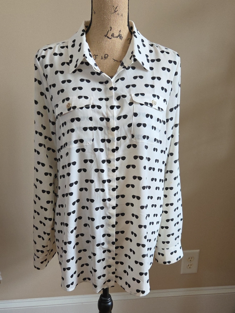 Karl Lagerfeld Cream Button Up Blouse with Black Sunglasses Print